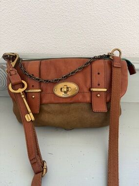 Vintage Fossil Tan and Olive Brown Leather Crossbody Bag